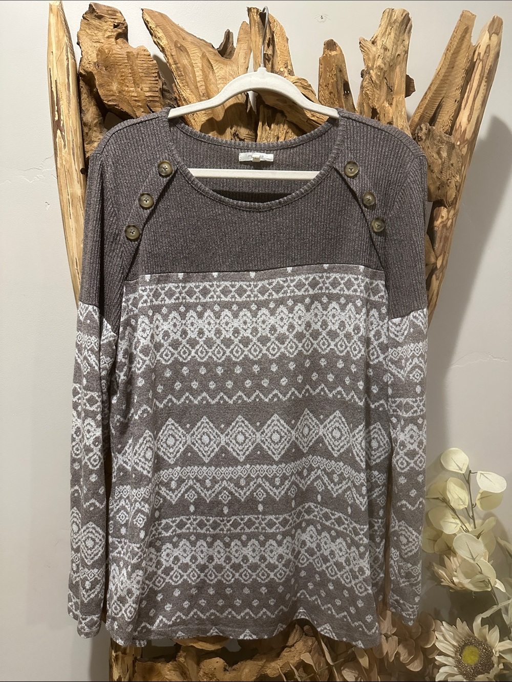 Maurices Gray Fair Isle Crewneck Sweater with Shoulder Buttons